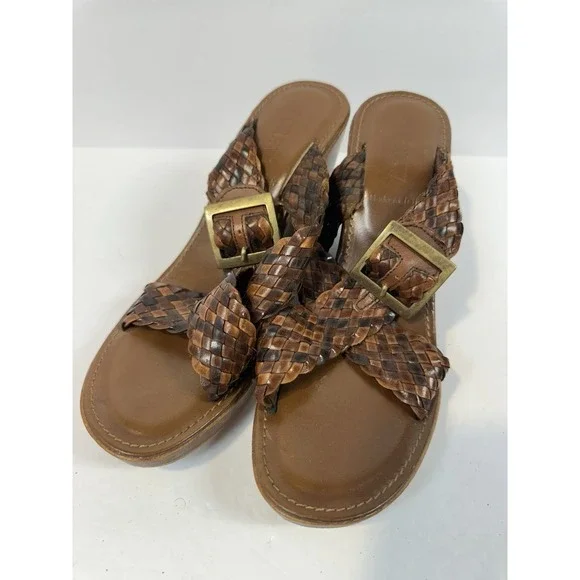 J. Crew Sandals Women 8 Brown Leather & Wood Strappy Wedge Made In Italy Ladies - Picture 3 of 12